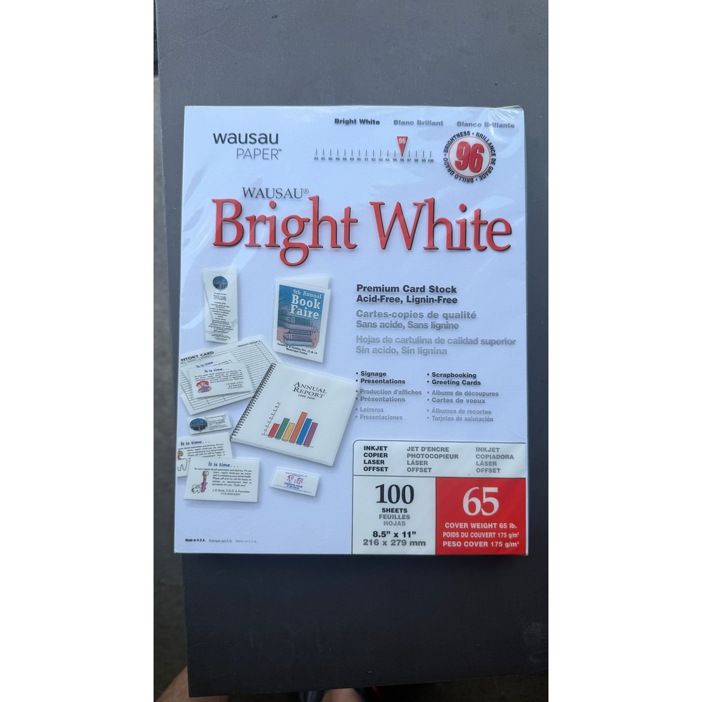 Wausau Paper Bright White Premium Card Stock‎ 65lb 8.5x11 100 Sheets 90901